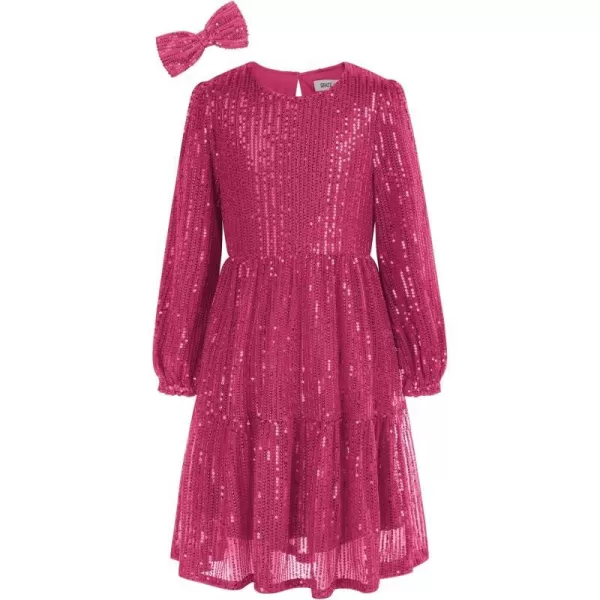 GRACE KARIN Girls Long Sleeve Crew Neck Sequined ALine Dress with Hair BowRose Red