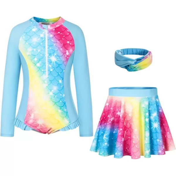 GRACE KARIN Girls Long Sleeve Swimsuit Size 512 Kids Bathing Suit One Piece Swimwear with Skirt Rash Guard Set with HeadbandBlue Rainbow Strip