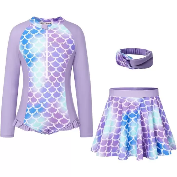 GRACE KARIN Girls Long Sleeve Swimsuit Size 512 Kids Bathing Suit One Piece Swimwear with Skirt Rash Guard Set with HeadbandPurple Scale