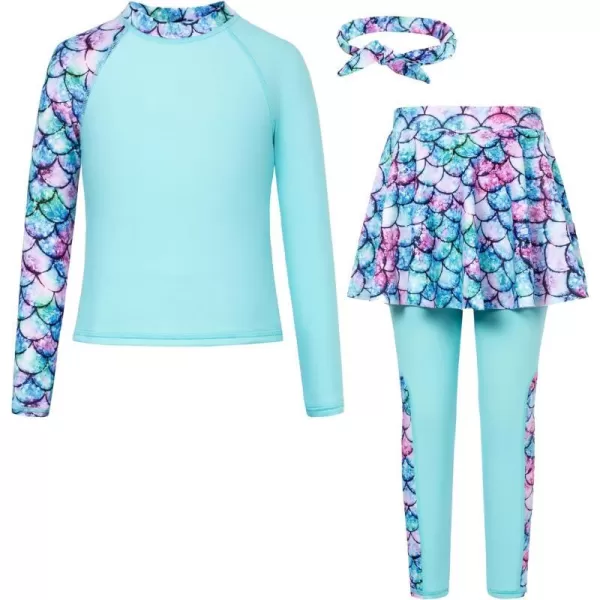 GRACE KARIN Girls Long Sleeve Swimsuit Two Piece Rashguard Floral Swimwear 614YBlue Mermaid