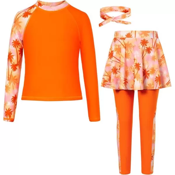 GRACE KARIN Girls Long Sleeve Swimsuit Two Piece Rashguard Floral Swimwear 614YOrange