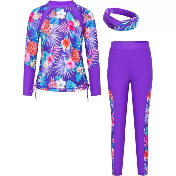 GRACE KARIN Girls Long Sleeve Swimsuit Two Piece Rashguard Floral Swimwear 614YPurple Floral Print