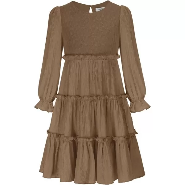 GRACE KARIN Girls Long Sleeves Dress Crew Neck Tiered A Line Dresses Size 512Khaki