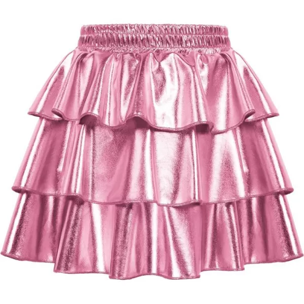 GRACE KARIN Girls Metallic Skirt 3Layer Ruffle Skirt for Girls 514YPink