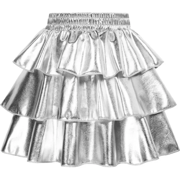 GRACE KARIN Girls Metallic Skirt 3Layer Ruffle Skirt for Girls 514YSilver