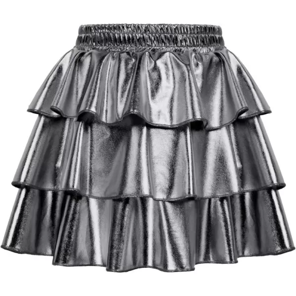 GRACE KARIN Girls Metallic Skirt 3Layer Ruffle Skirt for Girls 514YSilver Gray