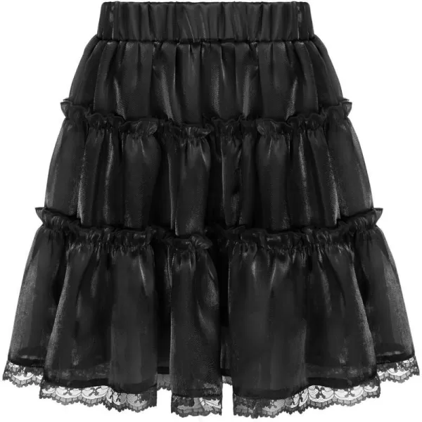 GRACE KARIN Girls Metallic Skirt Shiny Ruffle Tiered Flared Mini Skirts 612YBlack