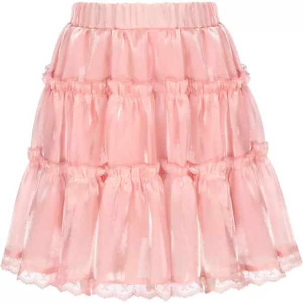 GRACE KARIN Girls Metallic Skirt Shiny Ruffle Tiered Flared Mini Skirts 612YLight Pink