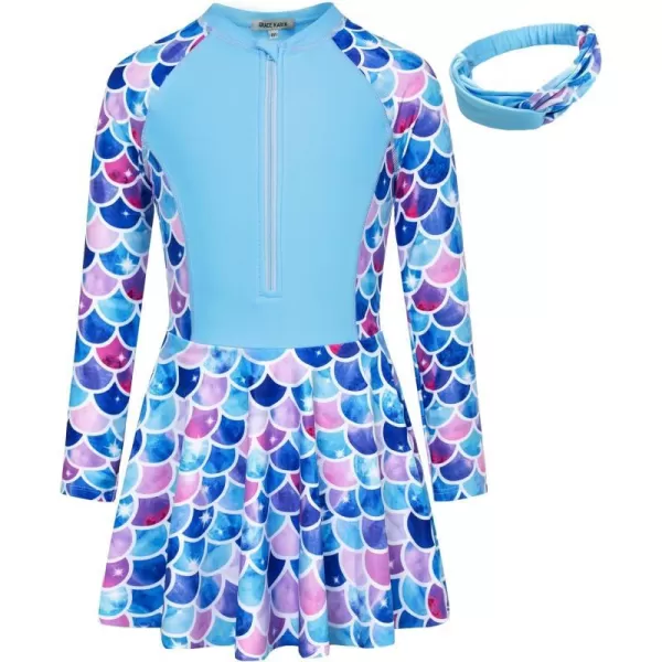 GRACE KARIN Girls One Piece Swimsuit Girls Long Sleeve Rash Guard Bathing Suit for 512YBlue Mermaid