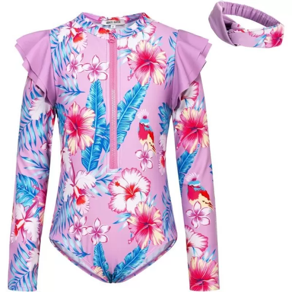 GRACE KARIN Girls One Piece Swimsuit Long Sleeve Rash Guard Swimwear Ruffle Bathing Suit 512YLight Purple