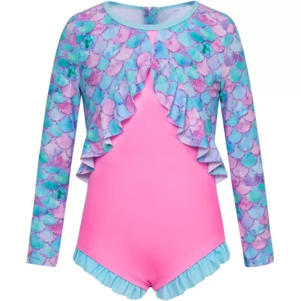 GRACE KARIN Girls One Piece Swimsuit Long Sleeve Rash Guard with Ruffled Zip Up Girls Bathing Suit with Sun Protection 512YBlue Pink Mermaid