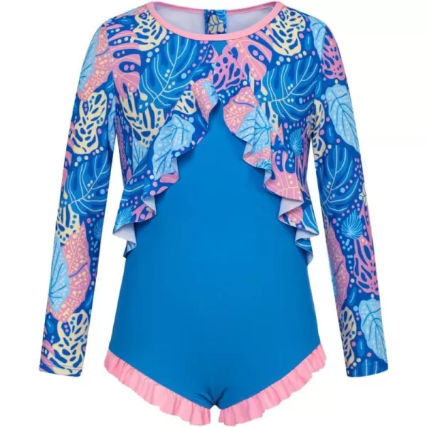 GRACE KARIN Girls One Piece Swimsuit Long Sleeve Rash Guard with Ruffled Zip Up Girls Bathing Suit with Sun Protection 512YBluepink Leaf