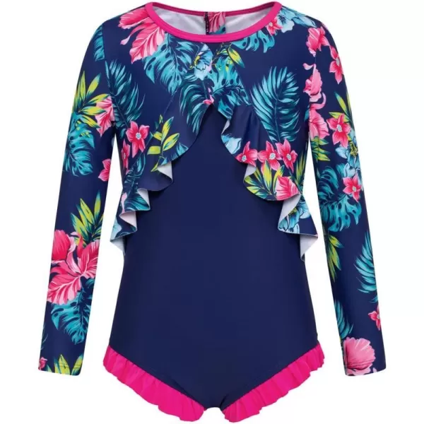 GRACE KARIN Girls One Piece Swimsuit Long Sleeve Rash Guard with Ruffled Zip Up Girls Bathing Suit with Sun Protection 512YNavy Blue Flower