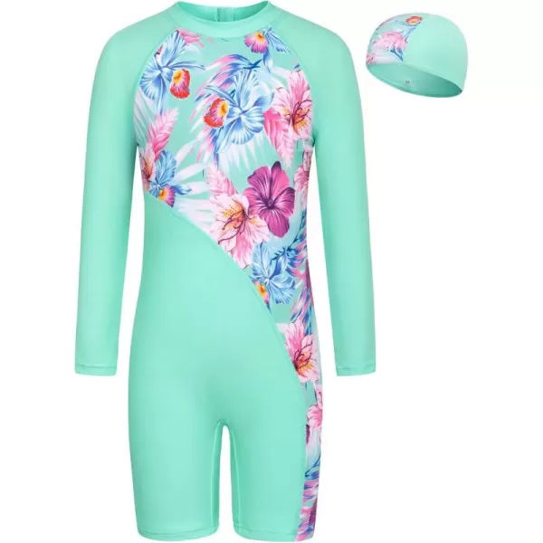 GRACE KARIN Girls One Piece Swimsuit UV Protective Rash Guard Sets for 512 Years Kids Long Sleeve SwimwearCyan Flower