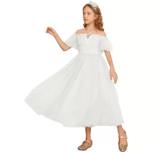 GRACE KARIN Girls Party Dress Off Shoulder Fancy Tulle Formal Long Sequin Dress for Girl 512White