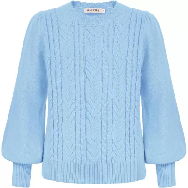 GRACE KARIN Girls Pullover Sweater Long Lantern Sleeve Cable Knit Sweaters 614YLight Blue