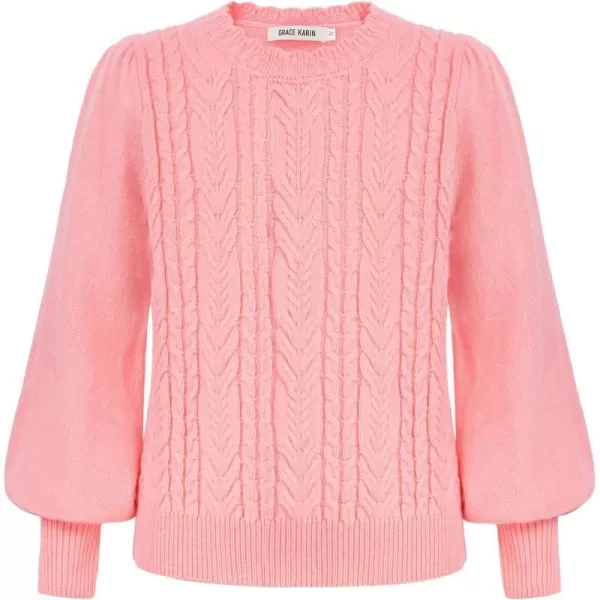 GRACE KARIN Girls Pullover Sweater Long Lantern Sleeve Cable Knit Sweaters 614YPink