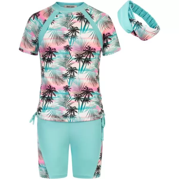 GRACE KARIN Girls Rash Guard Swimsuit Short Sleeve Two Piece Bathing Suit 612YPalm