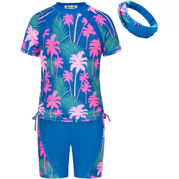 GRACE KARIN Girls Rash Guard Swimsuit Short Sleeve Two Piece Bathing Suit 612YPink Coconut Tree