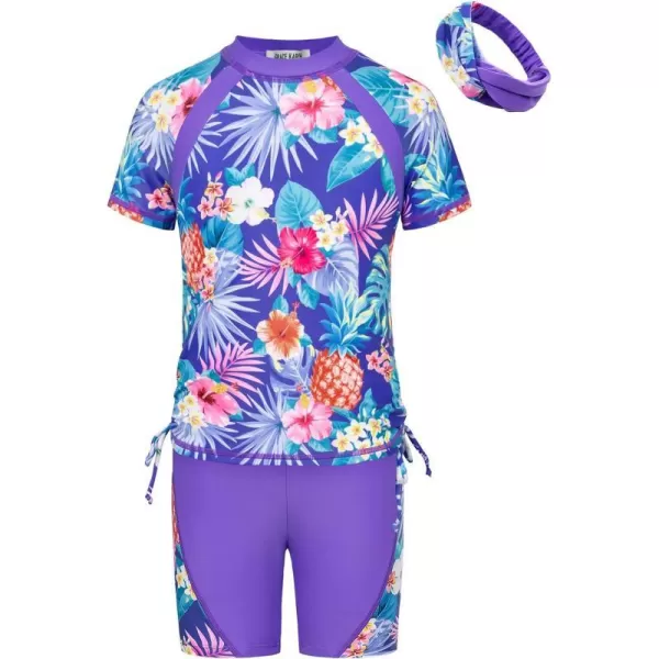 GRACE KARIN Girls Rash Guard Swimsuit Short Sleeve Two Piece Bathing Suit 612YPurple Floral Print