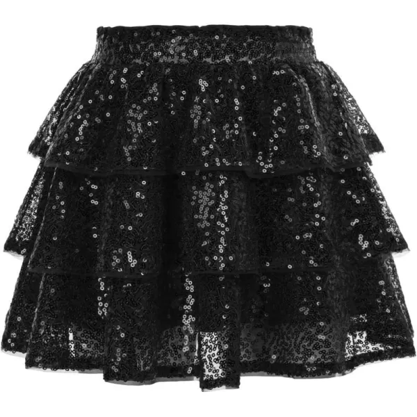 GRACE KARIN Girls Ruffle Skirt Elastic Waist Sequin Skirt for PartyBlack