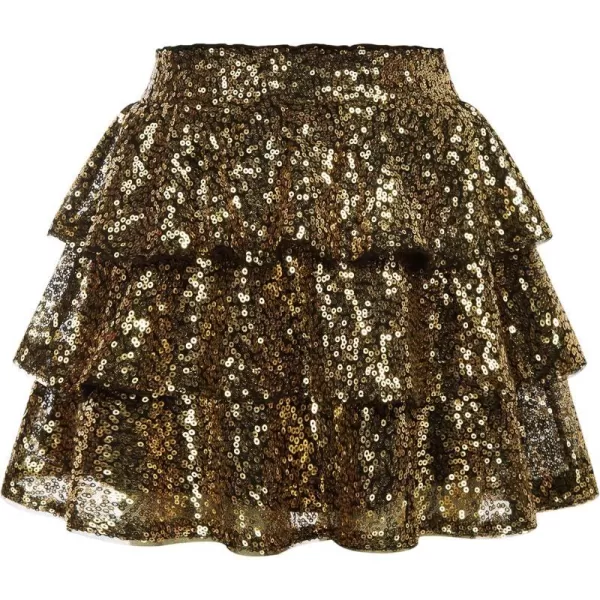 GRACE KARIN Girls Ruffle Skirt Elastic Waist Sequin Skirt for PartyGold