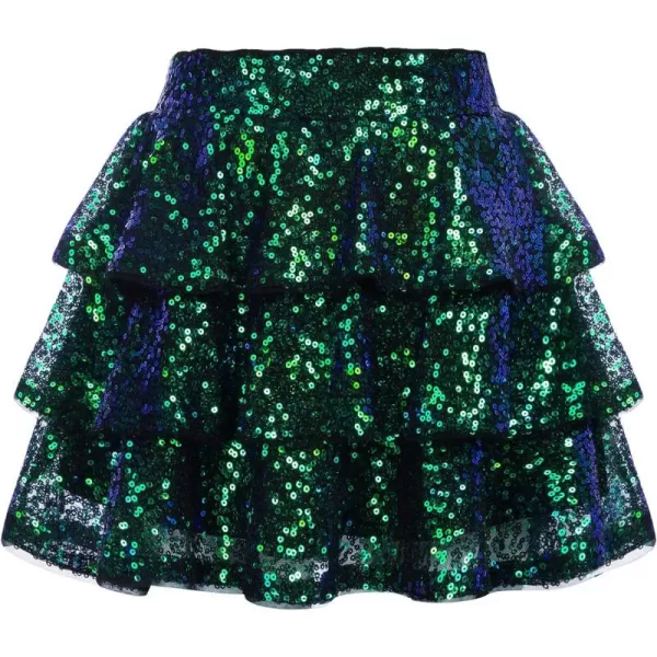 GRACE KARIN Girls Ruffle Skirt Elastic Waist Sequin Skirt for PartyGreen