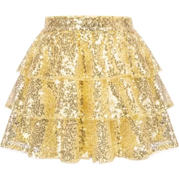 GRACE KARIN Girls Ruffle Skirt Elastic Waist Sequin Skirt for PartyLight Gold