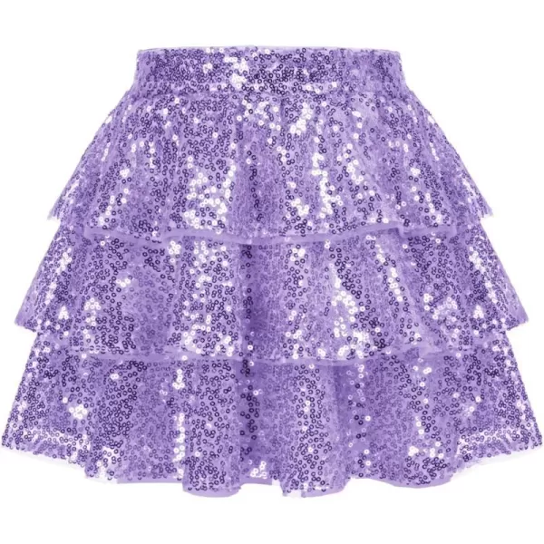 GRACE KARIN Girls Ruffle Skirt Elastic Waist Sequin Skirt for PartyLight Purplecolor