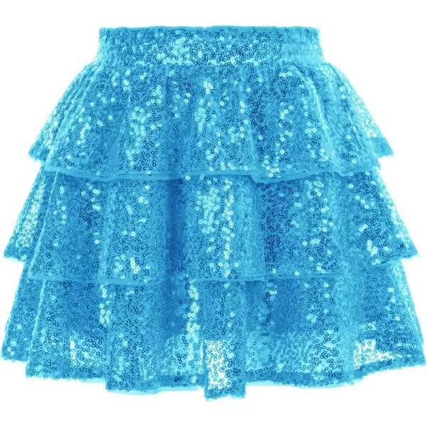 GRACE KARIN Girls Ruffle Skirt Elastic Waist Sequin Skirt for PartyPeacock Blue