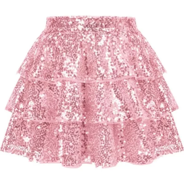 GRACE KARIN Girls Ruffle Skirt Elastic Waist Sequin Skirt for PartyPink