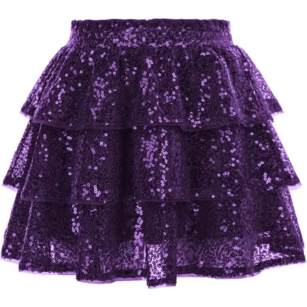 GRACE KARIN Girls Ruffle Skirt Elastic Waist Sequin Skirt for PartyPurple