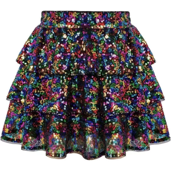 GRACE KARIN Girls Ruffle Skirt Elastic Waist Sequin Skirt for PartyRainbow