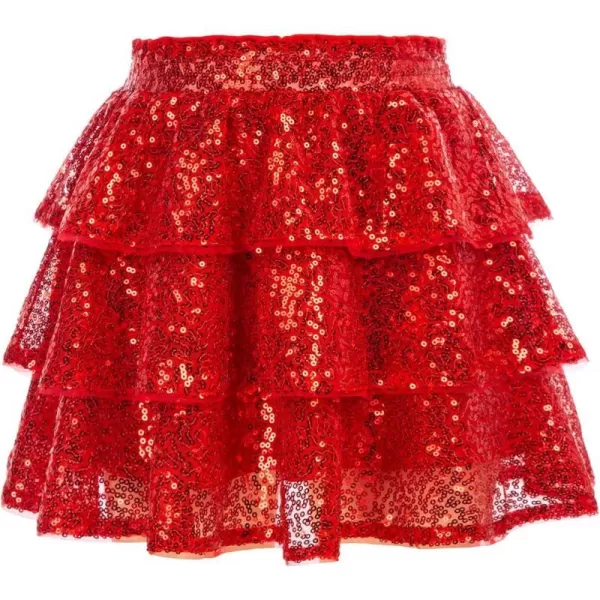 GRACE KARIN Girls Ruffle Skirt Elastic Waist Sequin Skirt for PartyRed