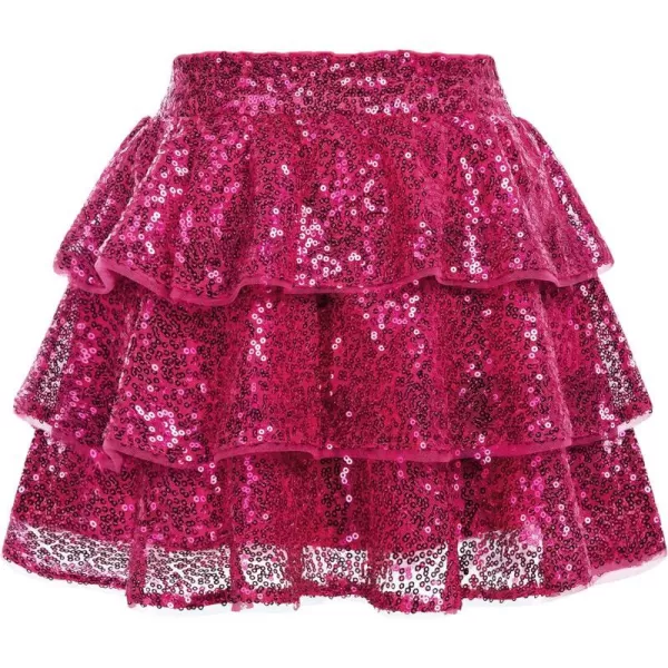 GRACE KARIN Girls Ruffle Skirt Elastic Waist Sequin Skirt for PartyRose Red