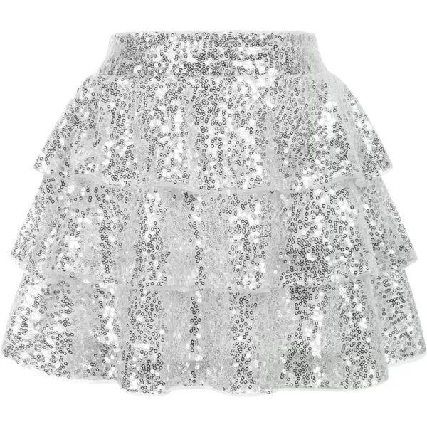 GRACE KARIN Girls Ruffle Skirt Elastic Waist Sequin Skirt for PartySilver