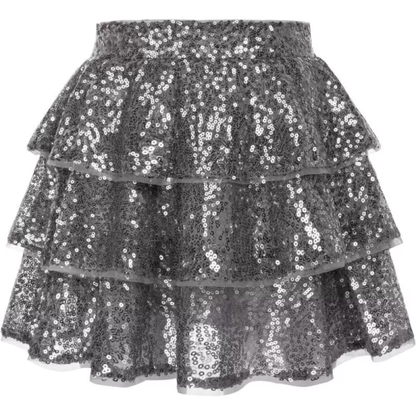 GRACE KARIN Girls Ruffle Skirt Elastic Waist Sequin Skirt for PartySilver Gray