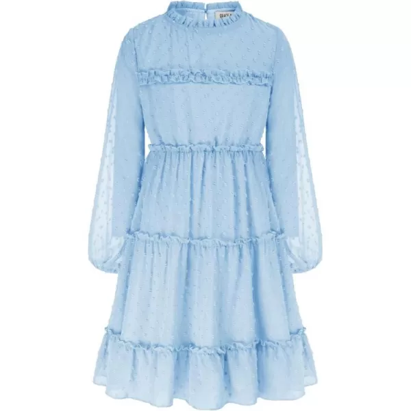 GRACE KARIN Girls Ruffle Tiered Dress Long Sleeve Swiss Dot Flowy ALine Dress 612YLight Blue