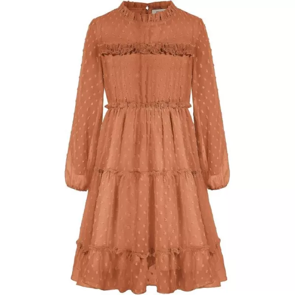 GRACE KARIN Girls Ruffle Tiered Dress Long Sleeve Swiss Dot Flowy ALine Dress 612YOrange Brown