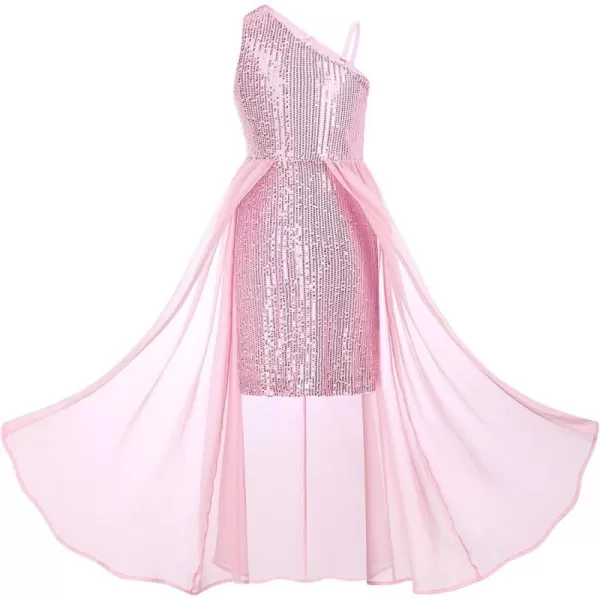 GRACE KARIN Girls Sequin Dress One Shoulder Birthday Party Prom Dresses 614YPink