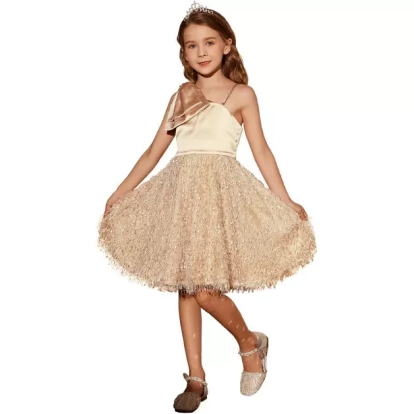 GRACE KARIN Girls Sequin Dress One Shoulder Sparkle Party Dress with Hair BowApricot