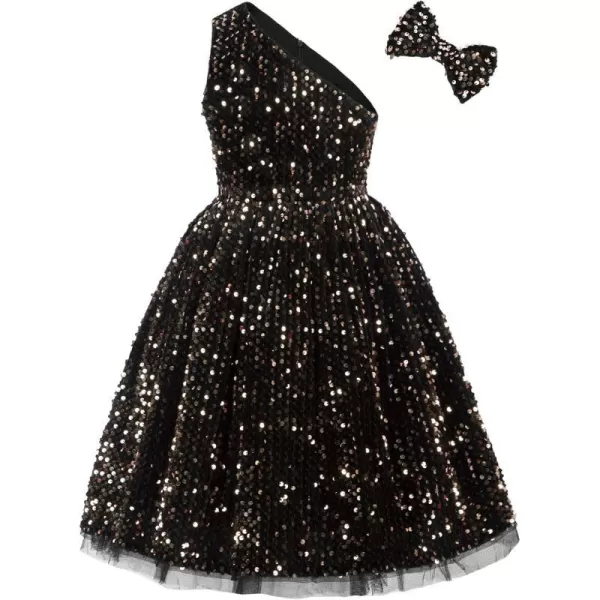 GRACE KARIN Girls Sequin Dress One Shoulder Sparkle Party Dress with Hair BowBlack