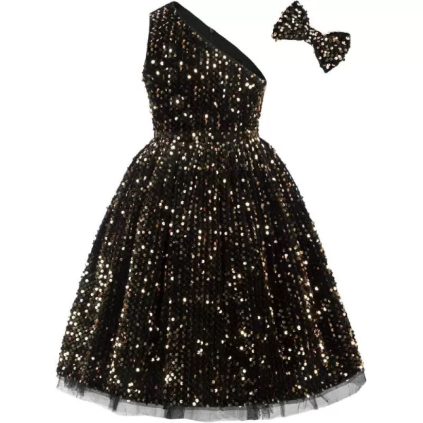 GRACE KARIN Girls Sequin Dress One Shoulder Sparkle Party Dress with Hair BowBlack Gold