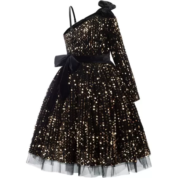 GRACE KARIN Girls Sequin Dress One Shoulder Sparkle Party Dress with Hair BowBlack Long