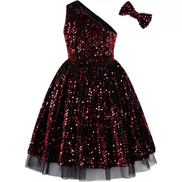 GRACE KARIN Girls Sequin Dress One Shoulder Sparkle Party Dress with Hair BowBlack Red