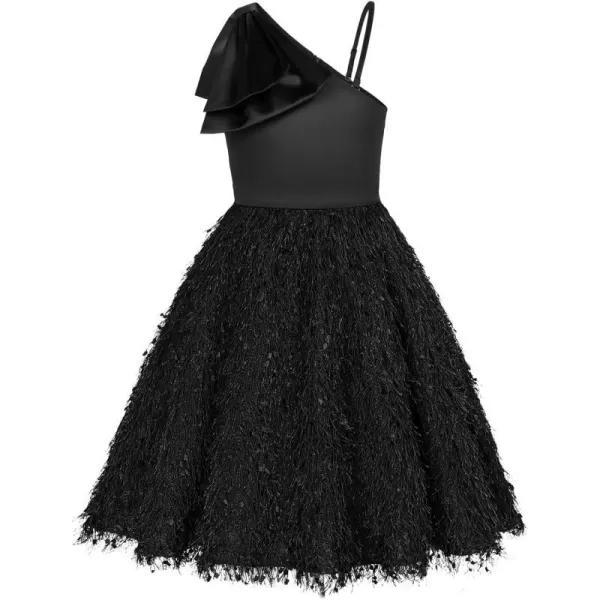 GRACE KARIN Girls Sequin Dress One Shoulder Sparkle Party Dress with Hair BowBlack1