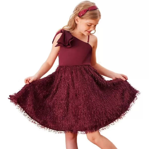 GRACE KARIN Girls Sequin Dress One Shoulder Sparkle Party Dress with Hair BowBurgundy