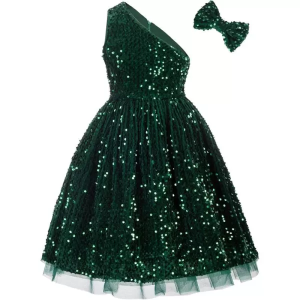 GRACE KARIN Girls Sequin Dress One Shoulder Sparkle Party Dress with Hair BowDark Green