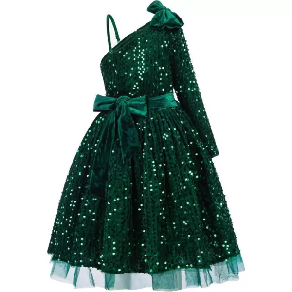 GRACE KARIN Girls Sequin Dress One Shoulder Sparkle Party Dress with Hair BowDark Green Long