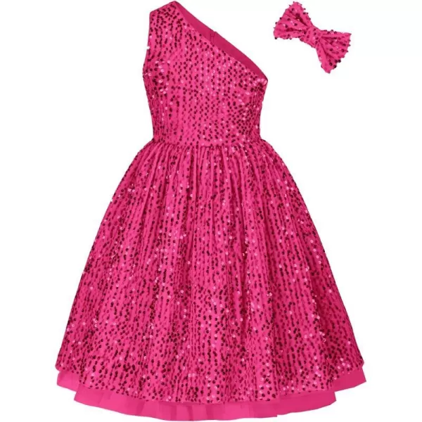 GRACE KARIN Girls Sequin Dress One Shoulder Sparkle Party Dress with Hair BowHot Pink